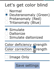 Let's get color blind panel with options to change level of blindness, Deuteranomaly selected