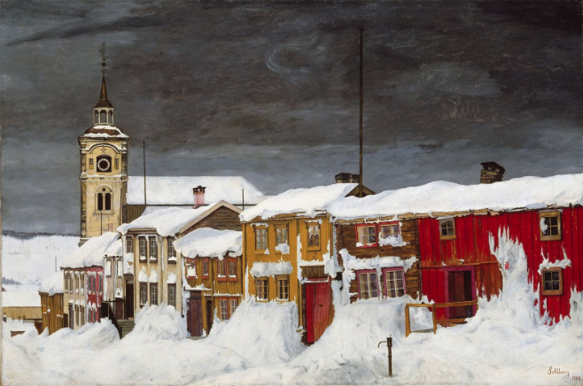 Oil painting of snow-covered colorful houses