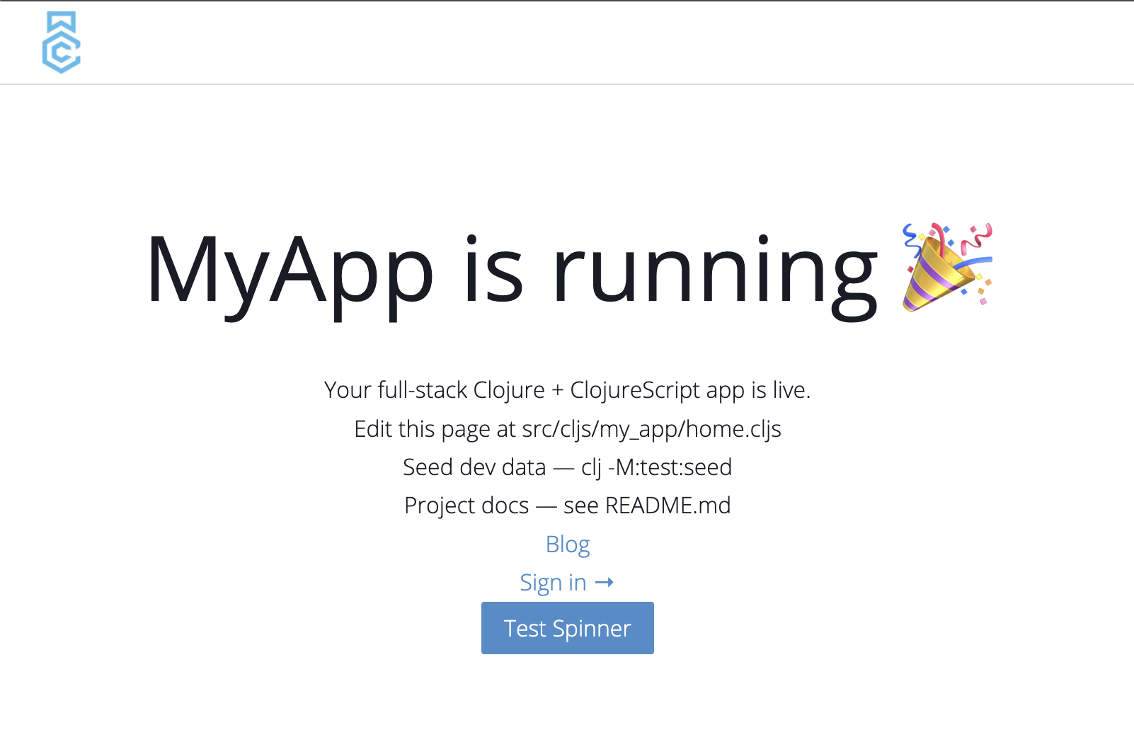 The scaffolded app's home page running in the browser